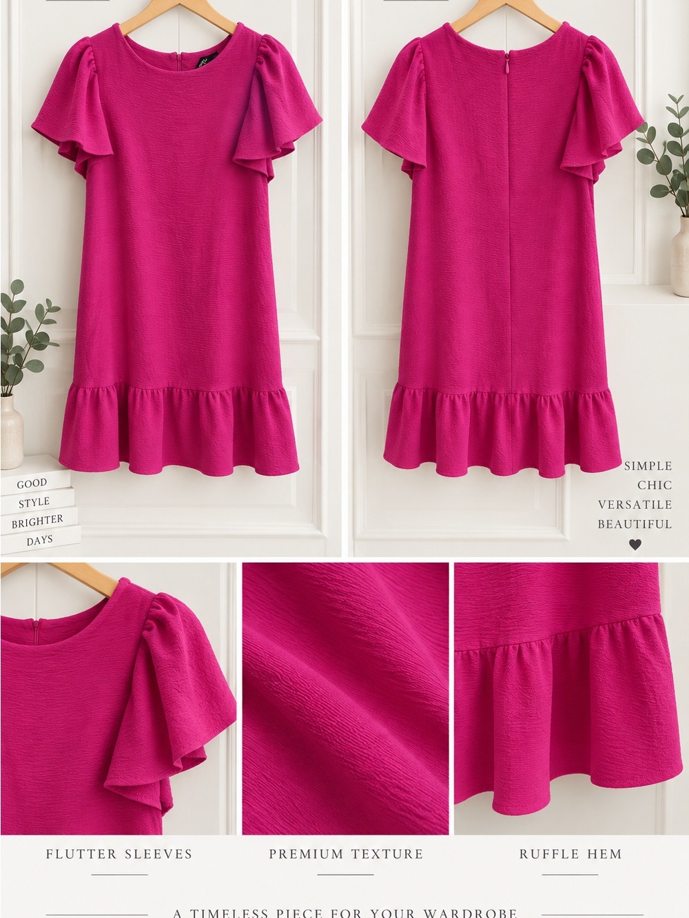 DKNY Hot Pink Flutter Sleeve Ruffle Hem Dress